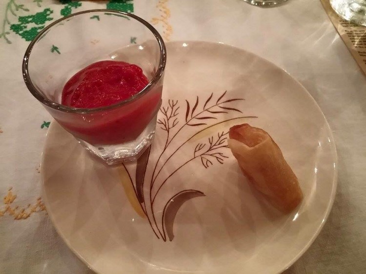 Millie's Homemade sorbet: raspberry, cukes, peaches (struggling to make it in 90 degree weather) with some BK plantain and jackfruit eggroll (a Filipino favorite!)